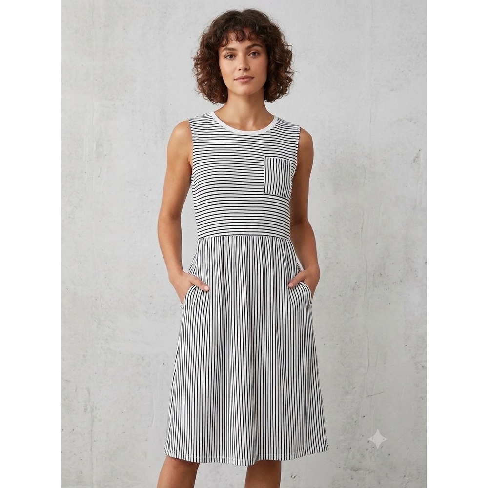 Merokeety Black White Striped Sleeveless Pocket Midi Dress Small